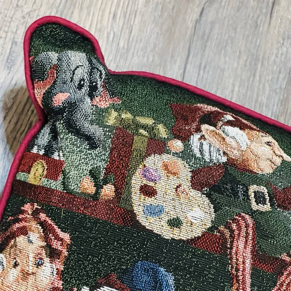 Vintage Christmas Tapestry Throw Pillow Santa Workshop Toys Elves 15
